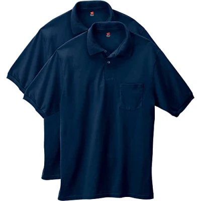 Image of Hanes Men&#039;s Short Sleeve Jersey Pocket Polo, Navy, Medium (Pack of 2)