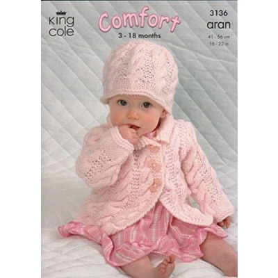 Image of King Cole Baby Coat, Dress, Sweater &amp; Hat Comfort Aran Knitting Pattern 3136 by
