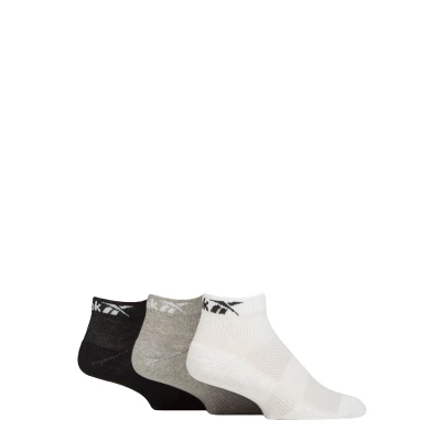 Image of Mens and Women&#039;s 3 Pair Reebok Essentials Cotton Ankle Socks with Arch Support Mesh Top White / Grey Black 8.5 10 UK