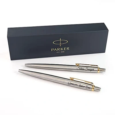 Image of Personalised Parker Jotter Stainless Steel ballpoint pen + Gift Box Custom Engraved golden trim