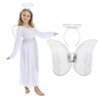 Image of Kids Angel Costume Small White Dress With Silver Details + Halo Headband Girls Fancy Christmas Nativity
