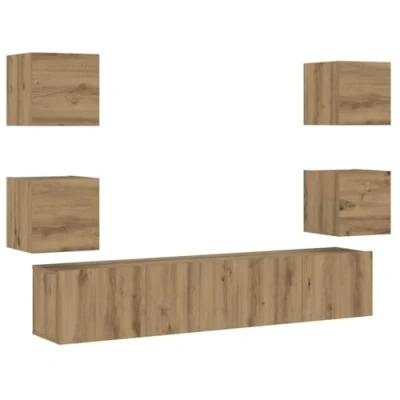 Image of vidaXL wall mounted tv cabinets 6 pcs artisan oak engineered wood media console, modern style storage units with flexible installation