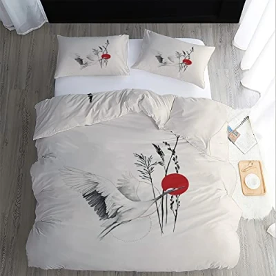 Image of WQIZXCW Japanese Bedding King Size Duvet Cover Sets 3Pcs, Crane Asian Style Brushed Microfibre Patterned Quilt with Zip and 2 Pillowcases, Ultra Soft &amp; Easy Care