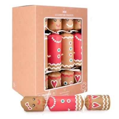Image of Celebration Crackers 12 x Inch Kraft Cube Eco Family Christmas Gingerbread Design, FSC Certified, Reusable Metal Gifts, Recyclable Packaging
