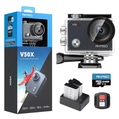 Image of AKASO V50 X Action Camera with 64GB microSDXC Memory Card Native 4K Wifi Underwater 40M EIS Anti Shake Cam Touch Screen, Remote Control, Waterproof Case and Mounting Accessories Kit