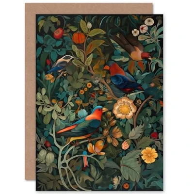 Image of Artery8 Parrots on Exotic Blooming Trees Modern Folk Art Nature Birthday Sealed Greeting Card Plus Envelope Blank inside