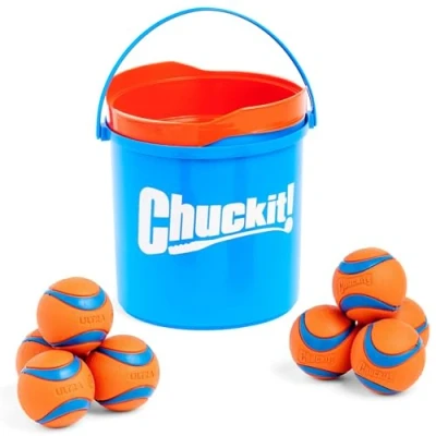 Image of ChuckIt! Ultra Ball Dog Toy Chuckit Bucket Durable Rubber and High Bounce Floating Chuck It Launcher Compatible Balls For Dogs with Carrier, 8 Pack, Medium