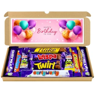 Image of Happy Birthday Chocolate Gift Hamper, Letterbox Selection Box of 10 Fullsize Cadbury Dairy Milk bars, ideal 13th 16th 18th 21st Gifts For her (Pink)