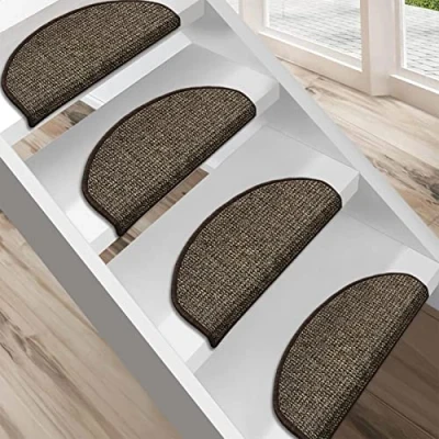 Image of FLODI. Carpet Stair Mats, Carlton, Set of 15 Pieces, Self Adhesive Anti Slip Tread Staircase Step Mats Runner Pads (Brown, Semicircular 23 x 65 cm)