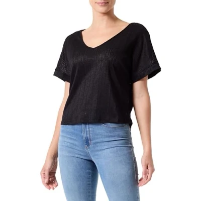 Image of PIECES Women&#039;s Pcafie SS Reversible Lace Top Sww T Shirt, Black Onyx, Large
