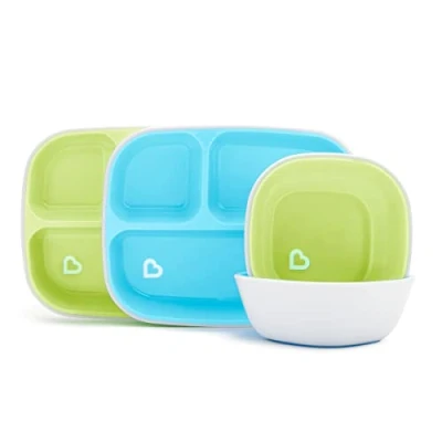 Image of Munchkin Splash 4 Piece Toddler Divided Plate and Bowl Dining Set Baby Feeding with 2 Plates &amp; Bowls Weaning Dishes for 6+ Months, BPA Free Blue/Green