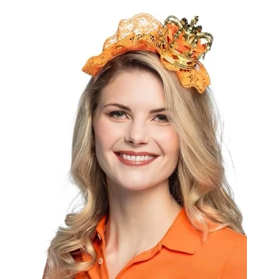 Image of Boland 61829 Queen Headband, Gold Orange, Unisex, Crown with Lace Fabric, Tiara, Netherlands, Fan Item, Football, European Championship, World Cup, Carnival, Theme Party