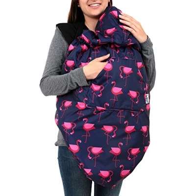 Image of BundleBean Babywearing All Weather Waterproof Sling and Baby Carrier Cover (Navy Flamingo) Rain with Fleece Lining, Universal Fit, Fits Front &amp; Back Carriers, Protection from Wind