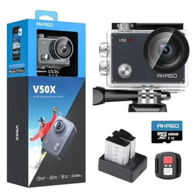 Image of AKASO V50 X Action Camera with 128GB microSDXC Memory Card Native 4K Wifi Underwater 40M EIS Anti Shake Cam Touch Screen, Remote Control, Waterproof Case and Mounting Accessories Kit