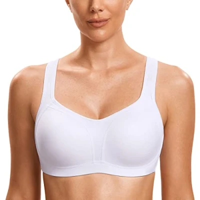Image of SYROKAN Women&#039;s Sports Bras High Support Underwire Padded Impact No Bounce Plus Size Running Bra White 36E