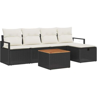 Image of vidaXL 6 Piece Garden Sofa Set with Cushions Black Poly Rattan