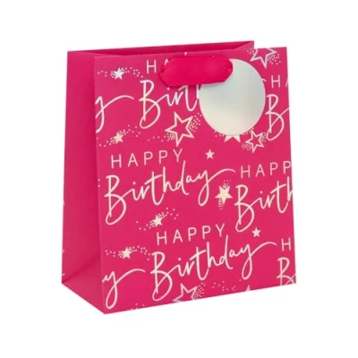 Image of Glick Medium Gift Bag, Pink Happy Birthday Script, 225 x 200 100 mm, Luxury Recyclable Bag for Birthdays &amp; Celebrations