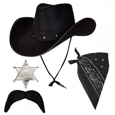 Image of Texan Cowboy Black Hat + Bandana Silver Sheriff Badge Moustache : 4 Piece Adult Wild West Fancy Dress Accessory Set