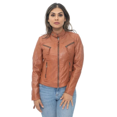 Image of Infinity Women&#039;s Casual Tan Leather Biker Jacket 12