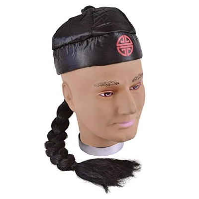 Image of Bristol Novelty BH171 Chinese Hat with Pigtail, Mens, Black, One Size