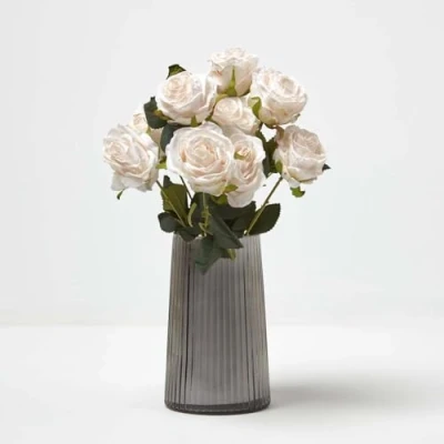 Image of HOMESCAPES Real Touch Artificial White Roses, Realistic Flower Bouquet, 46 cm