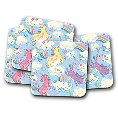 Image of 4 Set Pretty Unicorns Coaster Horse Rainbow Hearts Girls Kids Fun #8898