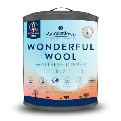 Image of Slumberdown Wool Mattress Topper King Size 100% Natural British Cover, Temperature/Moisture Regulating Luxury 233tc Soft Cotton Hypoallergenic (150 x 200cm)