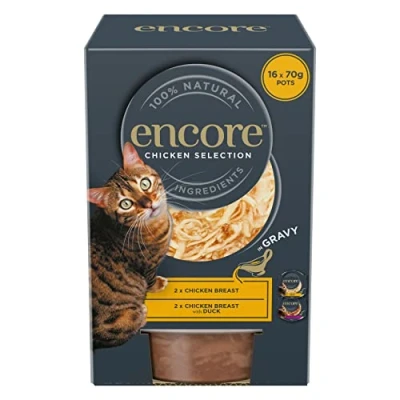 Image of Encore 100% Natural Wet Cat Food Multipack Chicken Selection in Gravy 70g Pot (Pack of 16 Pots)