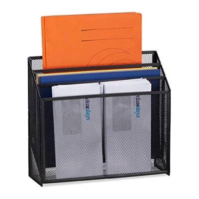 Image of Relaxdays Document Organiser, Standing Letter Holder with 3 Compartments, Desk, Metal, 29.5x32x9 cm, Black, steel, 1 Item