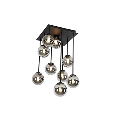 Image of Qazqa Modern Ceiling Lamp I Flush Light Black 9 with Smoke Glass Athens Country Suitable for LED G9 Living Room Kitchen