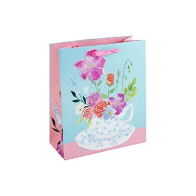 Image of Eurowrap Floral Teacup Mothers Day Spring Easter Birthday Gift Bag with Flower Tag Medium Size