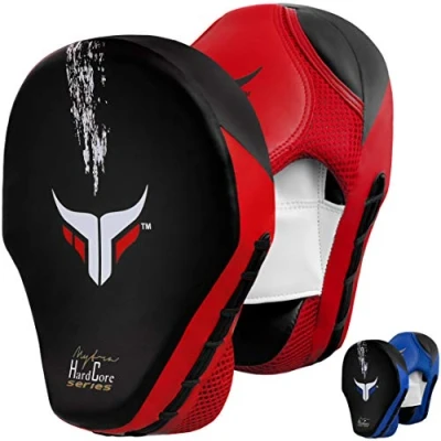 Image of Mytra Fusion Curved Focus Pads Hook &amp; Jab Mitts Strike pad Boxing Muay Thai MMA Kickboxing punching Training sparring (Black/Red)