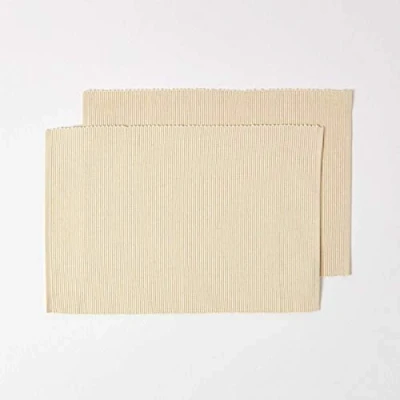 Image of HOMESCAPES Two Placemat Cream 100% Ribbed Cotton 12 x 18 Inch (30 45 cm) Easy care Washable at 40 Deg C