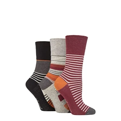 Image of Women&#039;s 3 Pair Gentle Grip Cotton Patterned and Striped Socks Sedimentary Stripe Burgundy / Black Grey 4 8