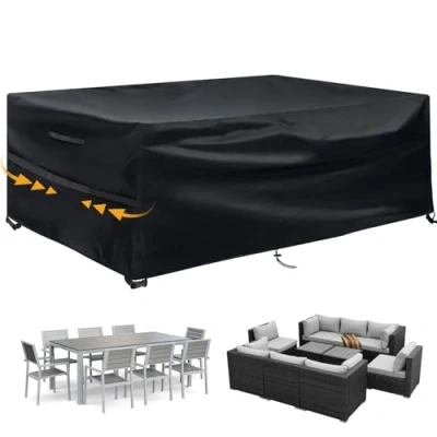 Image of Patio Furniture Covers Waterproof, Garden Waterproof Heavy Duty Cover with Handle Strap Drawstring Buckle for Table Chair Set (213x132x74cm, Black)