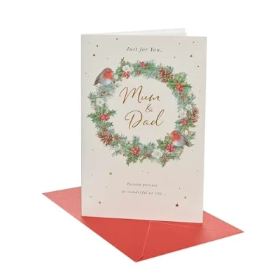 Image of UK Greetings Christmas Card for Mum &amp; Dad Festive Wreath Design