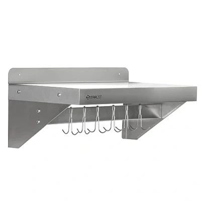 Image of Mahlzeit Stainless steel wall shelf with hook rail 60 x 30 cm Hanging 6x double hooks Silver Floating Gastro Kitchen