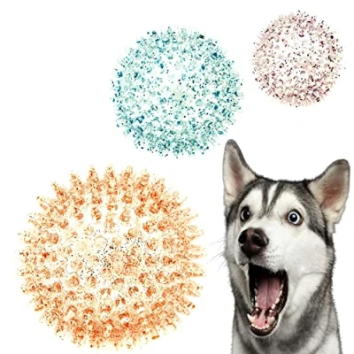 Image of Petopedia 3 x 8cm Durable Dog Balls Glitter Squeaky Toys SPIKE Teething Squeaker Spiky Interactive for Boredom Puppy Chew (8cm (Pack of 3), Ball)