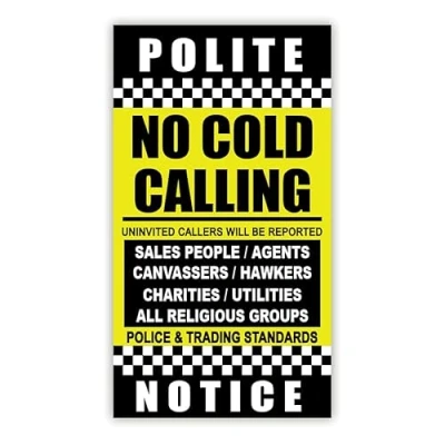 Image of No Cold Callers Sign for Front Door Sticker Waterproof Salesmen or (90 x 50 mm)