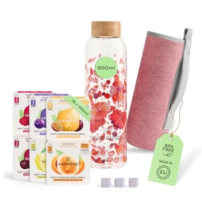 Image of waterdrop® Starter Set Glass with 1 Bottle + 18 Microdrinks Vitamin Hydration Cubes in 6 flavours Taster Pack 600ml Water sugar free drinks Borosilicate Glass, BPA