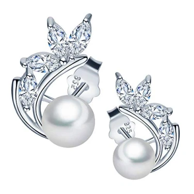 Image of MICGIGI Women Leaf pearl Earrings 925 Sterling Silver Cubic Zirconia Stud with 6mm
