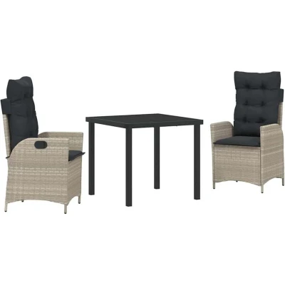 Image of vidaXL 3 Piece Garden Dining Set with Cushions Light Grey Poly Rattan
