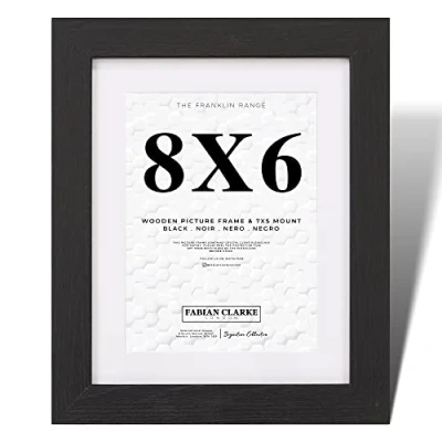 Image of Fabian Clarke London® 8x6 Modern Black Wooden Picture Photo Frame with White 7x5 Mount Includes Safety Glass Front Hang Portrait or Landscape