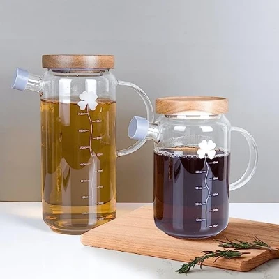 Image of Eden &amp; Willow Glass Olive Oil Bottle, Vinegar Cruet Bottle with Non Drip Spout Kitchen Cooking Dispenser Drizzler Acacia Wooden Lid and Handle (550ml, 2pcs)