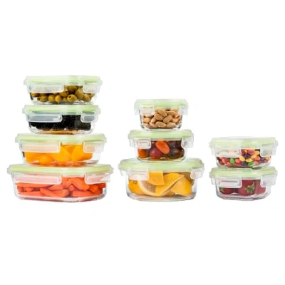 Image of Home Fleek Airtight Glass Food Containers with Lids Stackable Storage Containers, Space Saving, Airtight, Microwave, Oven and Freezer Safe Meal Prep (Set Of 9, Green)