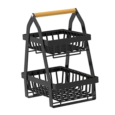 Image of Egg Basket 2 Tier Fruit Storage with Wooden Handle Black Detachable Metal Wire