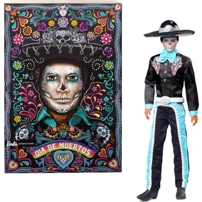 Image of Barbie Signature Doll, 2024 Día De Muertos Ken Collectible in Black Suit with Sky Blue Accents, Hat and Belt Accessories, HRM73