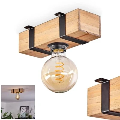 Image of hofstein Montgomery Ceiling Light, lamp Made of Metal/Wood in Black/Natural, Scandinavian Design luminaire with Wooden Beam, 1 x E27 Socket, Without Bulb