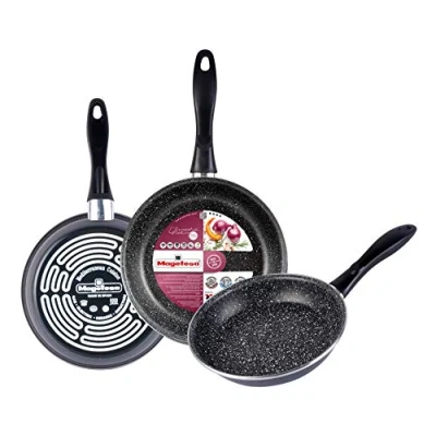 Image of MAGEFESA K2 Gransasso Set of 3 frying pans (18/20/24) cm in vitrified steel, mottled grey exterior. Two layer reinforced stone effect non stick, suitable for all types cookers