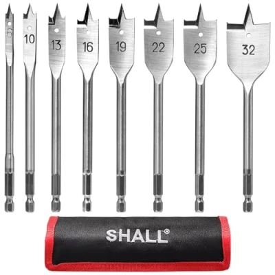 Image of SHALL Spade Drill Bits Set Wood 8PC, 1/4 Inch Quick Change Hex Shank, Ø 6 32 mm,Flat Bit, with Storage Pouch